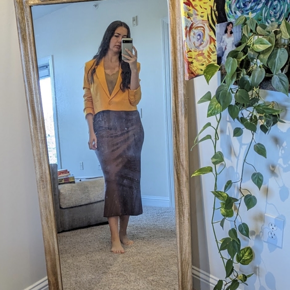 Express Cropped Jacket One Button Collar Size L Yellow Padded Shoulders - Picture 5 of 9